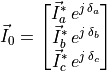 \vec{I}_0 =
\begin{bmatrix}
    \vec{I}_a^* \, e^{j \, \delta_a} \\
    \vec{I}_b^* \, e^{j \, \delta_b} \\
    \vec{I}_c^* \, e^{j \, \delta_c} \\
\end{bmatrix}