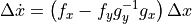 \Delta \dot{x} = \left(f_x - f_y g_y^{-1} g_x\right) \Delta x