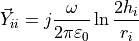 \vec{Y}_{ii} = j\frac{\omega}{2 \pi \varepsilon_0} \ln{\frac{2 h_i}{r_i}}
    \label{eq:self_Y}