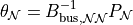 \theta_{\mathcal{N}} = B_{\mathrm{bus}, \mathcal{N}\mathcal{N}}^{-1} P_{\mathcal{N}}