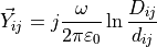 \vec{Y}_{ij} = j\frac{\omega}{2 \pi \varepsilon_0} \ln{\frac{D_{ij}}{d_{ij}}}
    \label{eq:mutual_Y}